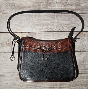 Vintage Brighton Emma Braided Bow Black Brown Croc Leather Shoulder Handbag